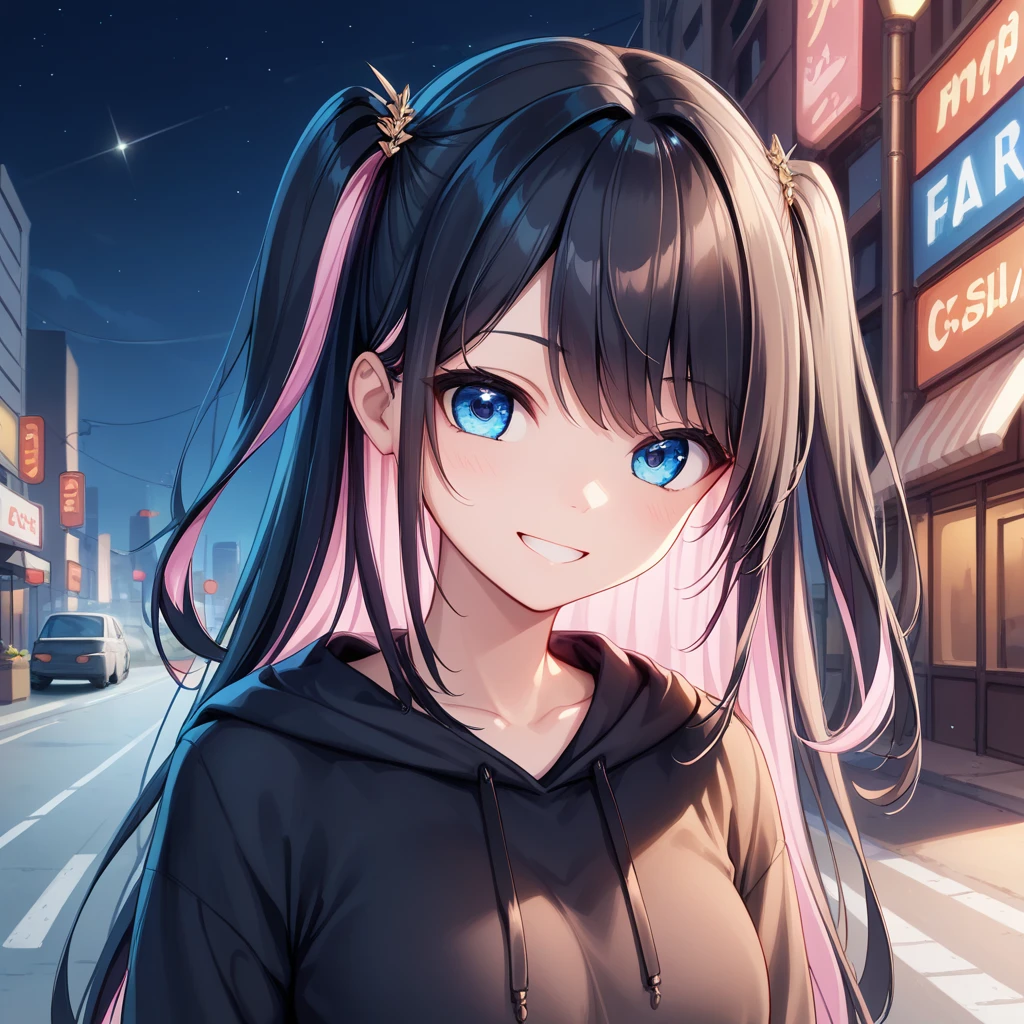 the above((Best Quality))、(masterpiece)、(  Real Shadow)、nsfw、(１  beautiful girls),,side,two side up,,Long Hair,(Colored inner hair　Black Hair + Pink inner hair), blue eyes, email,Multi-colored hair, smile,In the city, At night, The best light, Skyscraper ,road, Sisters、Height difference