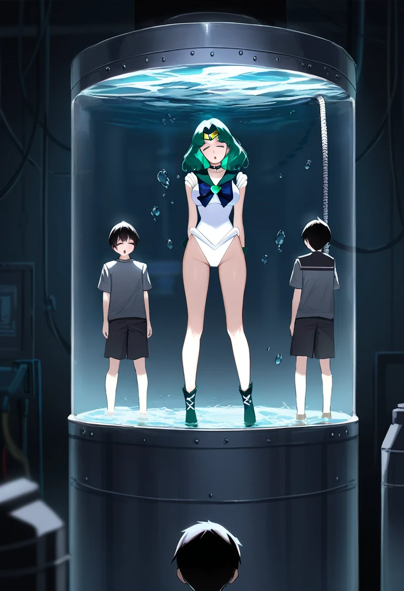 2 persons, (****ung black hair boy standing and facing away, watching water tank on background:1.2) BREAK girl focus, (1 mature girl inside water cell:1.2), sailor Neptune, closed eyes, :o, weak, head tilt, wounded, skirt, white leotard, 8K, UHD, best quality,highres, sci-fi, cinematic composition, masterpiece, perfect shading, moody lighting, 1000+ bookmarks