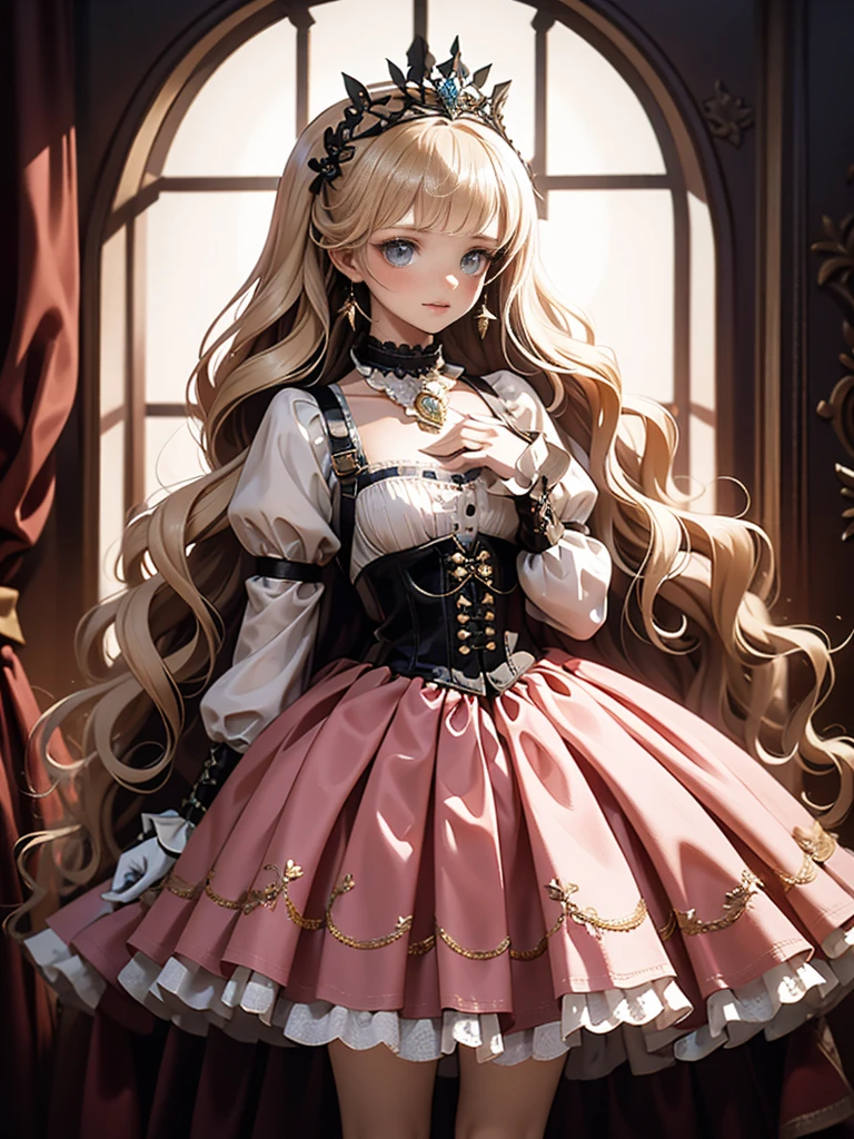 (8k, Best Quality, masterpiece: 1.2),  Ultra High Definition ,, Marie Antoinette, ultra detailed face ,fine grain, open your mouth slightly ,(Blonde),Long Hair, wavy hair in front of the station, break,Rococo Ruffle Dress,Long sleeve dress, The dress has a long skirt , Baroque Dress ,  intricate fantasy dress , Gorgeous glamorous dress,  romantic dress, Costume with frills  ,lottery, Data Style, Formal Wear, Fancy Fashion, palate colors include pink and white,(pink:1.5),Class A Smile,Gold Tiara,  necklace ,Sit in a fancy chair,  hands on needs  ,( rainbow light :1.4),,Profile of a person looking out a window,The rosebush is reflected in the window,(Inside Victoria Palace)、Her eyes are shining、Now her blonde hair reaches down to her waist、Rose-colored gradation and three, Pale pink rock. She wore a gold tiara with floral embellishment.、 Matching earrings  , white flower choker. She is wearing a ruffled, white-striped pink top edged with gold buttons., The white sleeves are in the shape of a bud .. A magenta ribbon runs down her chest..、Tie at the back of the neck、Matching chest piece, Decorated with flowers. Her frilly skirt is divided by a white line, Fastened with a large magenta ribbon、Decorated with gold, There is a small ribbon on the back. Her mini skirt、Made with a pale pink magenta shell lining and a white floral petticoat. She also wears white gloves with pink flowers., For white and light pink shoes、It has loose cuffs and a magenta ribbon decorated with flowers..
