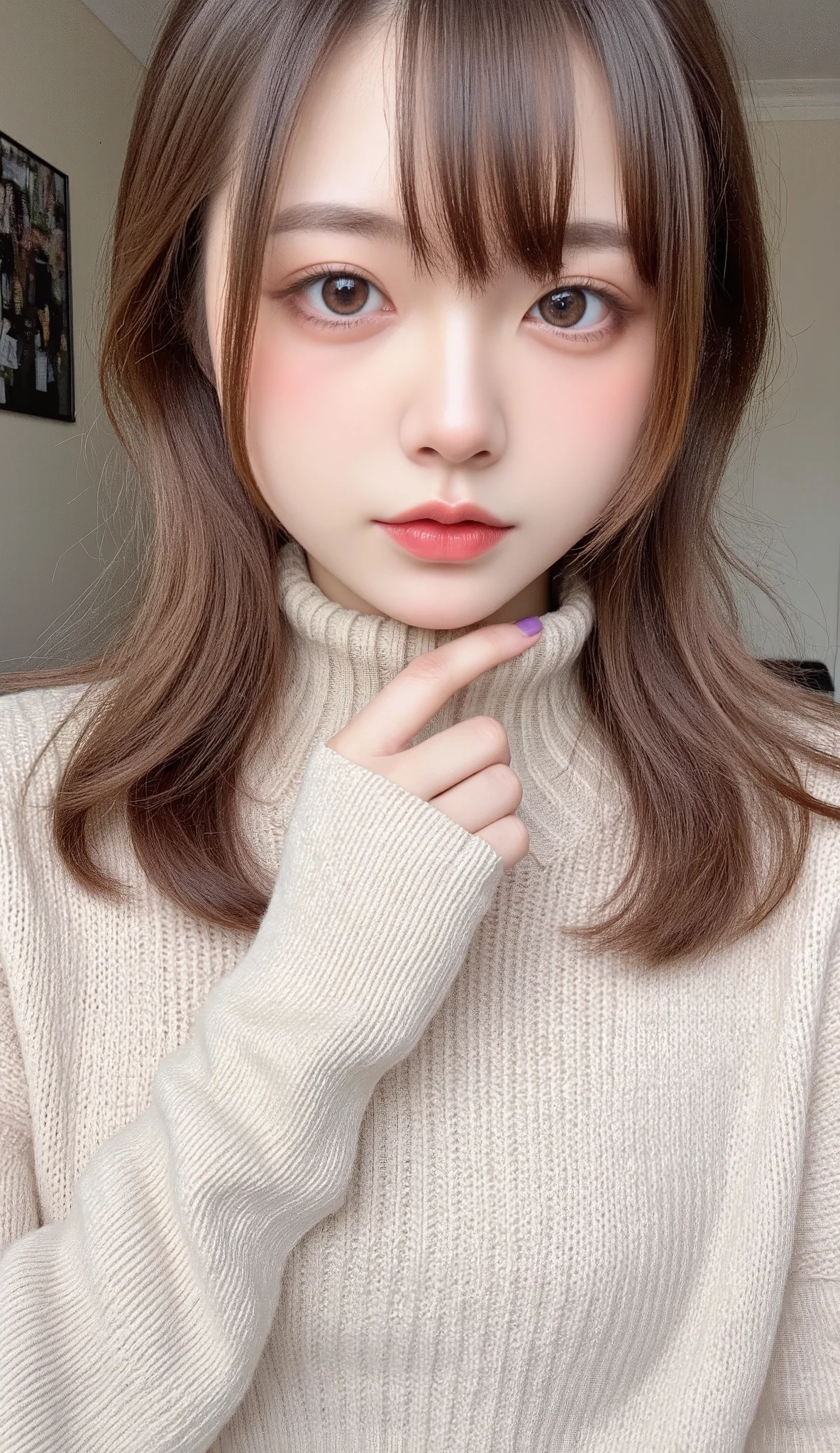 Best Quality,   absurd,   very detailed,   pattern _this,   1 girl, Alone_ concentrate , (((Please stare at the summit  :1.2)))、  and lower your hair、High neck knit、 Beige knit