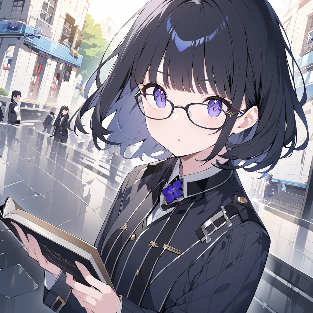  girl、 semi-long、The bangs are parted、Black Hair、Iris、 the point of view of a malicious man wearing glasses 、uniform、holding a book, 