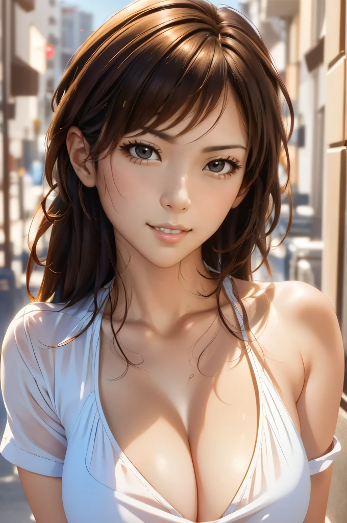 Ultra(Representative works: 1.3), (8k, Realistic, RAW Photos, Best Quality: 1.4), 1 female, rikotachibana_jav, breasts, long hair, brown hair, (30 year old mature woman), Small Face, Beautiful Face, (Realistic Face), No makeup, Natural Makeup, light makeup, Beautiful hairstyle, Realistic eyes, Beautiful attention to detail, (Photorealistic Skin), Beautiful Skin, break, (White shirt:1.8, Clevis), Huge breasts, Sweaty, Wet clothes, charm, Hot Summer, Kitchen Background, Anatomically correct:2, Ultra High resolution, Ultra-realistic, High resolution, Golden Ratio,