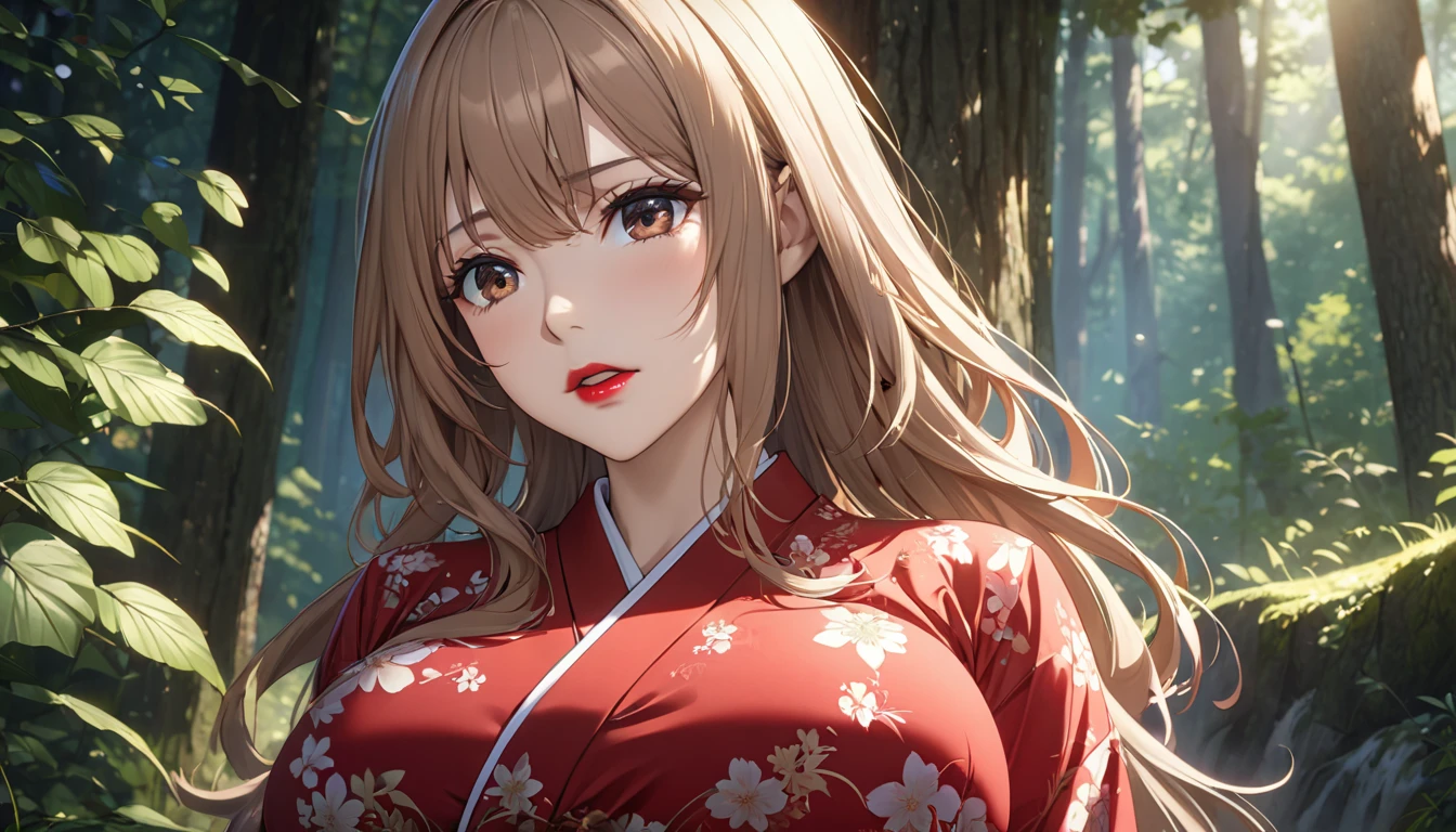  in depth analysis, Detailed work,  Best Quality, 1440p resolution, Realistic light and shadow, Anime, background, In the forest, จากAlya Sometimes Hides Her Feelings in Russian series, Maria Kujou, Long hair,  Light Brown Hair , Beautiful face,  dark brown eyes, Gradient eyes, eyes, Extraordinary eye details, ตาแบบAnime,  huge breasts , fit, Slender figure, Red lips ,Wearing a red Japanese kimono with floral patterns, Make a scared face, Squat