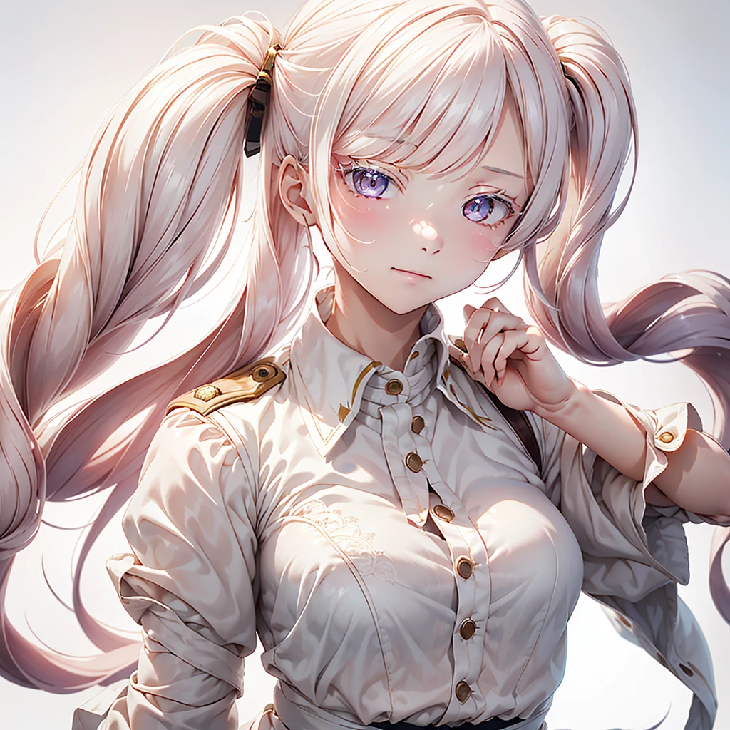 1girl,Handsome face、(((The best composition、Best Quality、 masterpiece、Super detailed、 high definition)))、Simple Background、Milky white hair color、 Long Straight Hair 、 military uniform coat with extended sleeves、white long lashes 、