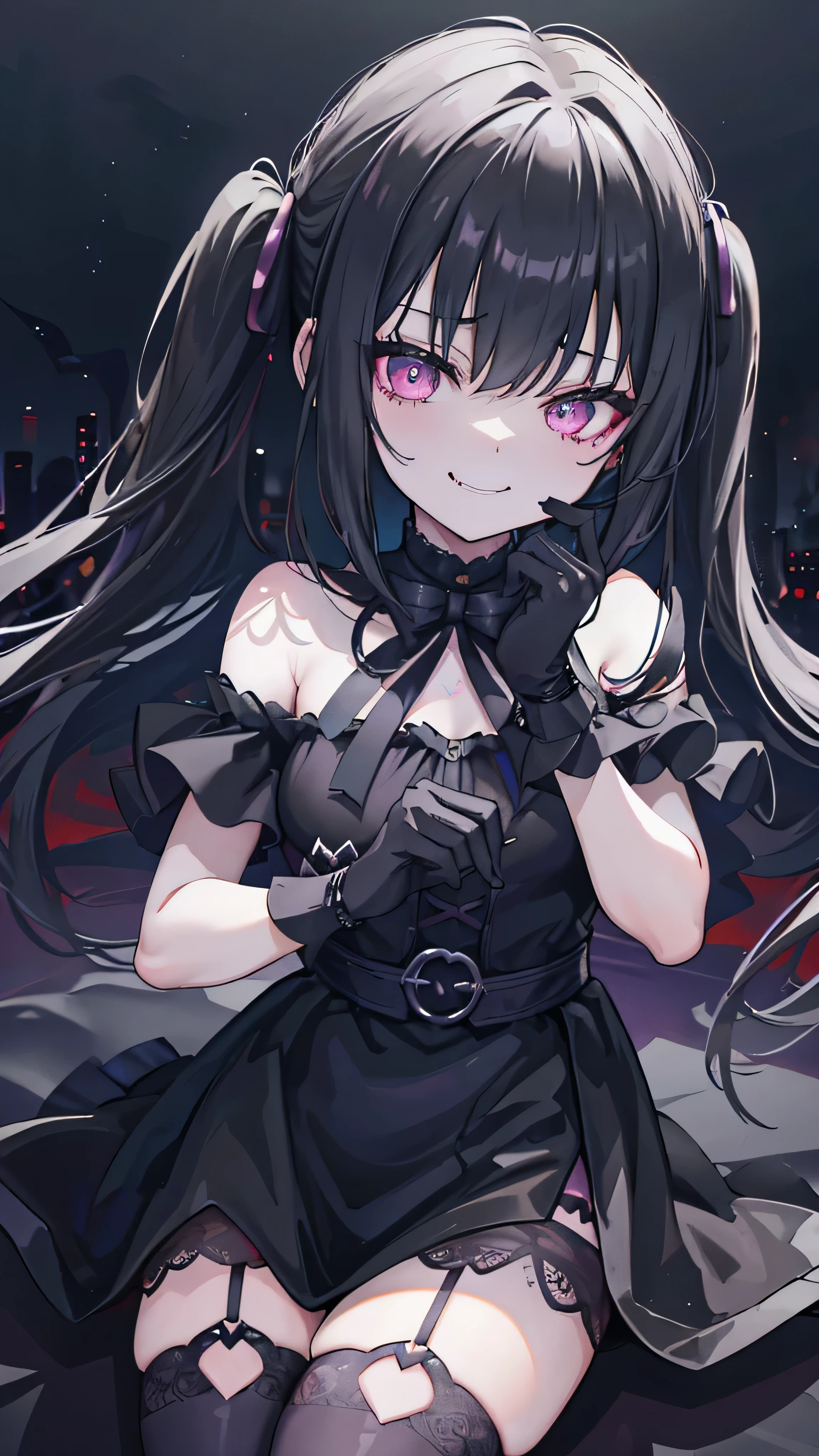 (8k、 Highest quality 、Best Quality、masterpiece)、 detail face 、 1 girl、 Black Hair 、Long Hair、 twin tails、 short bang 、Pink Eyes、evil smile 、((Green))、 earrings for a woman alone、、(( off-shoulder ))、(( Black Mini Skirt ))、(( Pink Panties ))、 black leather shoes 、Sit-in、Shoot from below、 Night Downtown Background 、Evil Background、Elbow gloves、 evil smile、Demon Aura(Shiny fabric:1.5)、Evil Darkness、 sadistic smile 、 black knee socks 、 Shiny Latex Elbow Full Gloves、Shadow Face(Eye in the Shadow )( very detailed))、(shape)、(( very delicate and beautiful ))、、Cloudy null 、CG Style、 black wings on one side 、 dark shadow face 、 sadistic smile 、Malice、Contempt、smile、black、、 perfect body、、 perfect face、 slightly crazy smile {x} strong black aura、(Dark and scary atmosphere、 Gothic Fashion 、 dark color)、( Shrouded in Darkness 、black background、shadow、extreme darkness :2.0)、Dark Energy