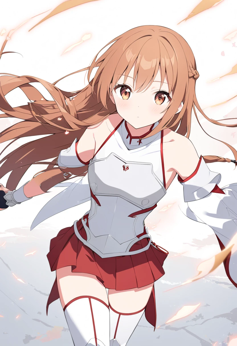 yuuki asuna, brown eyes, brown hair, 
long hair, bangs, braid, yuukiasunasaooutfit, white armor, white breastplate, red pleated skirt, white detached sleeves, bare shoulders, white thighhighs, 後ろ手に縛る