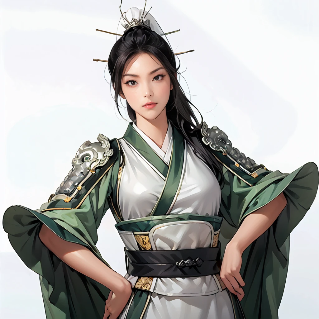 Hex Armor, 1 girl,(ancient chinese armor:1.3,Green kimono),masterpiece,Long black hair,Beautiful woman, cowboy shot, white background:1.3,simple background:1.3