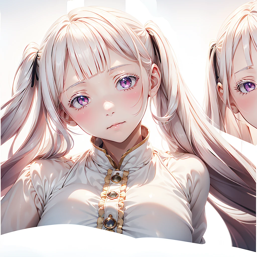 1girl,Handsome face、(((The best composition、Best Quality、 masterpiece、Super detailed、 high definition)))、Simple Background、Milky white hair color、 Long Straight Hair 、 military uniform coat with extended sleeves、white long lashes 、