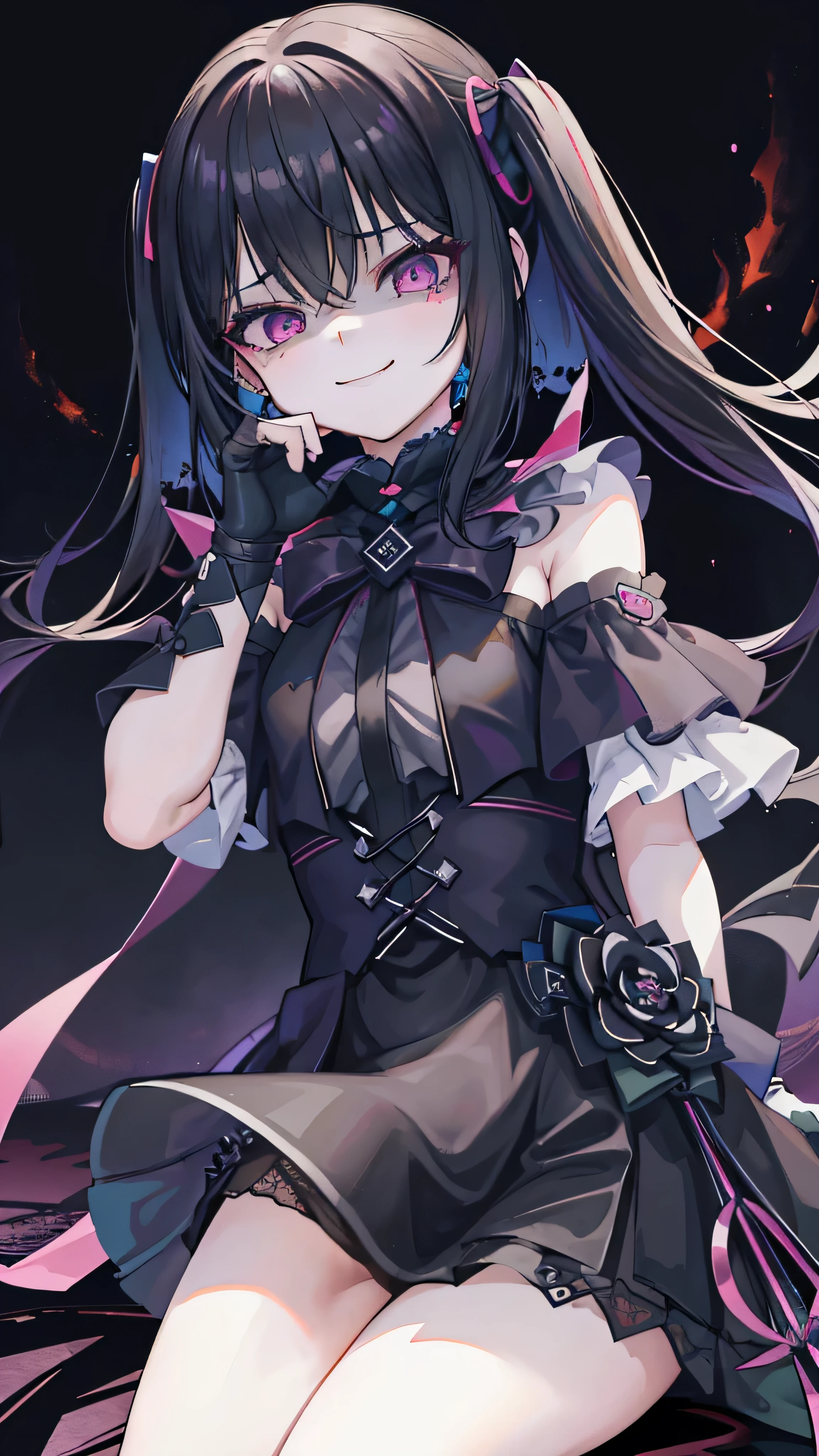 (8k、 Highest quality 、Best Quality、masterpiece)、 detail face 、 1 girl、 Black Hair 、Long Hair、 twin tails、 short bang 、Pink Eyes、evil smile 、((Green))、 earrings for a woman alone、、(( off-shoulder ))、(( Black Mini Skirt ))、(( Pink Panties ))、 black leather shoes 、Sit-in、Shoot from below、 Night Downtown Background 、Evil Background、Elbow gloves、 evil smile、Demon Aura(Shiny fabric:1.5)、Evil Darkness、 sadistic smile 、 black knee socks 、 Shiny Latex Elbow Full Gloves、Shadow Face(Eye in the Shadow )( very detailed))、(shape)、(( very delicate and beautiful ))、、Cloudy null 、CG Style、 black wings on one side 、 dark shadow face 、 sadistic smile 、Malice、Contempt、smile、black、、 perfect body、、 perfect face、 slightly crazy smile {x} strong black aura、(Dark and scary atmosphere、 Gothic Fashion 、 dark color)、( Shrouded in Darkness 、black background、shadow、extreme darkness :2.0)、Dark Energy