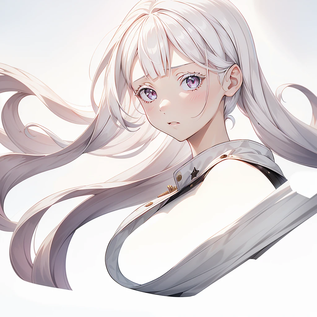 1girl,Handsome face、(((The best composition、Best Quality、 masterpiece、Super detailed、 high definition)))、Simple Background、Milky white hair color、 Long Straight Hair 、military uniform coat with expandable sleeves、white long lashes 、