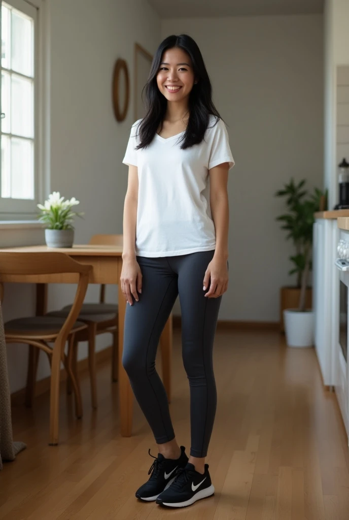 A girl, 15yo, cute smile girl, ((baggy T-shirt, oversized, T-shirt)), ((huge breasts)), black A-line pixie cut, in wooden floor school gym, half open mouth, (((looking away))), (standing), ((Underexpose Lighting)), view from front, barefoot