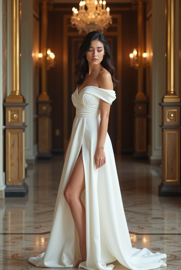 26 year old white woman、Hair is brunette、Eye color is blue、Longhaire、Slender but well-proportioned muscular body、Wearing a dress、I'm wearing a hair ornament、I wear a necklace on my decollete、accessories on the wrist、I'm wearing high heels、a smile、I'm on a grand staircase with a wide red carpet in the atrium of a commercial facility.
