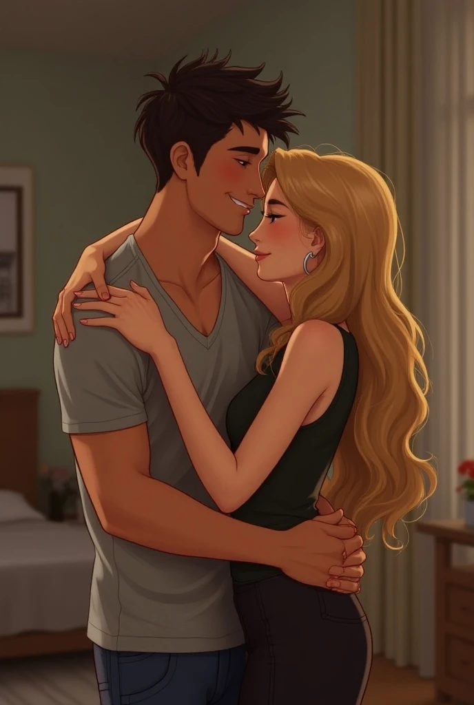 In the romantic scene, an attractive white masculine guy with black hair, A little by the shoulders he is hugging a girl by the waist . She is serious and has light brown hair., shoulder-length, and green eyes, I think I&#39;m pale. He has blue eyes and, while she maintains a serious but blushing expression, He laughs playfully. The atmosphere is flirtatious, with him enjoying the contrast between his laughter and her seriousness.