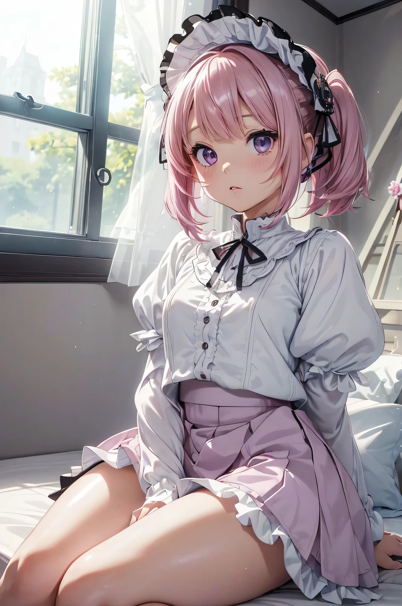 Beautiful illustration、top-quality、Cute little girl s、Bedroom、A pink-haired、length hair、(((Pink pleated skirt)))、(((pink sailor suit)))、shortsleeves、Colossal tits、a navel、Flipping up the skirt with your hands、Show white panties、Pull up your skirt and show your panties、bare-legged、blue eyess、on the beds、lovely thighs、glowing thigh