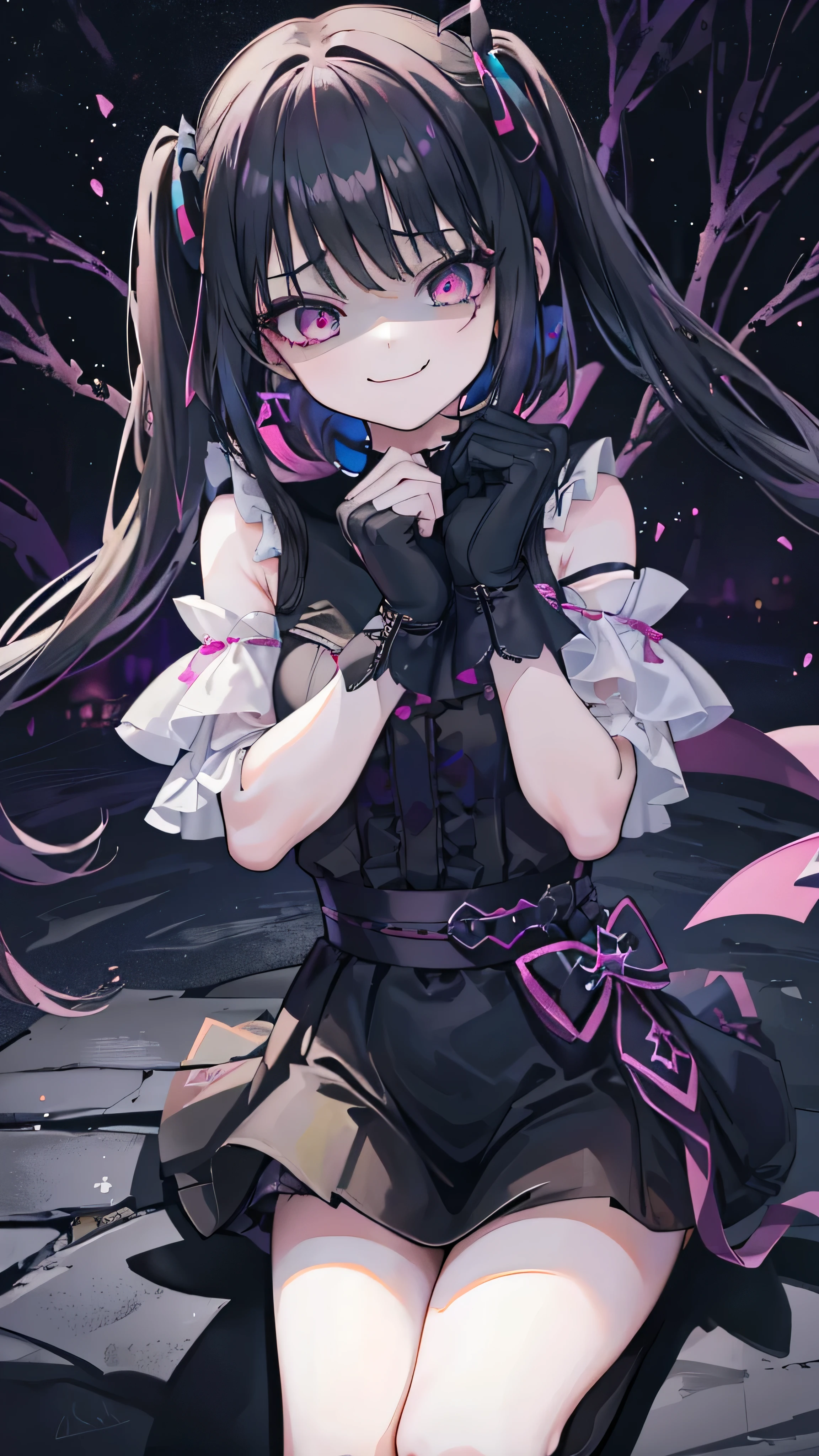 (8k、 Highest quality 、Best Quality、masterpiece)、 detail face 、 1 girl、 Black Hair 、Long Hair、 twin tails、 short bang 、Pink Eyes、evil smile 、((Green))、 earrings for a woman alone、、(( off-shoulder ))、(( Black Mini Skirt ))、(( Pink Panties ))、 black leather shoes 、Sit-in、Shoot from below、 Night Downtown Background 、Evil Background、Elbow gloves、 evil smile、Demon Aura(Shiny fabric:1.5)、Evil Darkness、 sadistic smile 、 black knee socks 、 Shiny Latex Elbow Full Gloves、Shadow Face(Eye in the Shadow )( very detailed))、(shape)、(( very delicate and beautiful ))、、Cloudy null 、CG Style、 black wings on one side 、 dark shadow face 、 sadistic smile 、Malice、Contempt、smile、black、、 perfect body、、 perfect face、 slightly crazy smile {x} strong black aura、(Dark and scary atmosphere、 Gothic Fashion 、 dark color)、( Shrouded in Darkness 、black background、shadow、extreme darkness :2.0)、Dark Energy