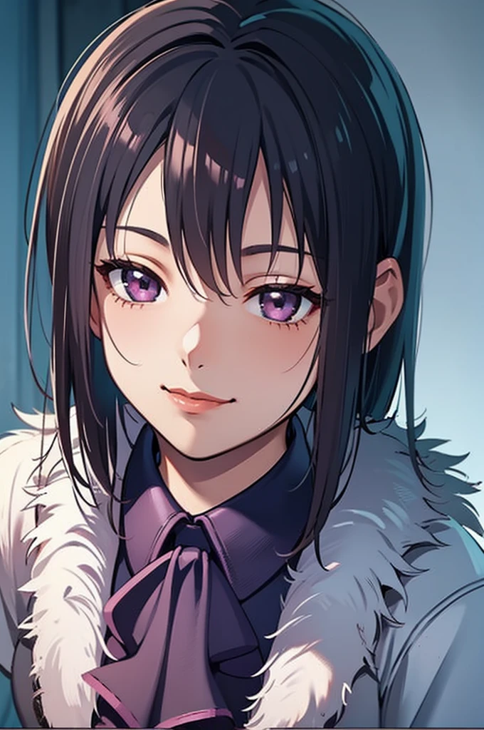 1 Girl, Yun Jin Lee, dead by daylight, Light Purple Straight Hair, White Faux Fur Short Shrug Jacket, Purple Tie Neck Ruffle Trim Satin Blouse, light smile, close up, 