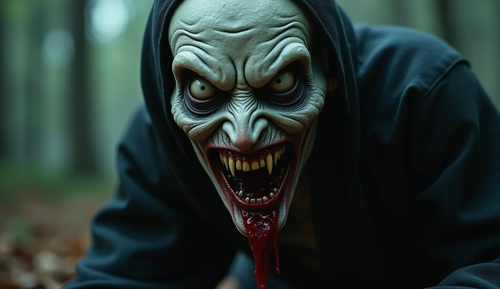 Photorealism realistic dark room table old scary male black appearance long hair holding glass of blood window low light effect blood effect white eyes fang teeth