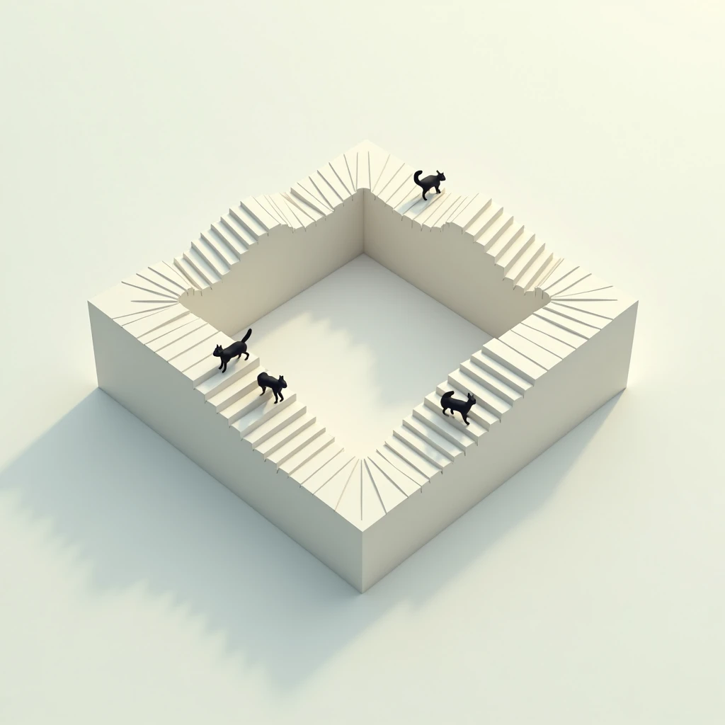 impossible staircase that goes up endlessly, looping itself into a square. isometric view, minimalistic, similar to the style of the game "Monument Valley". three cats are walking on it.