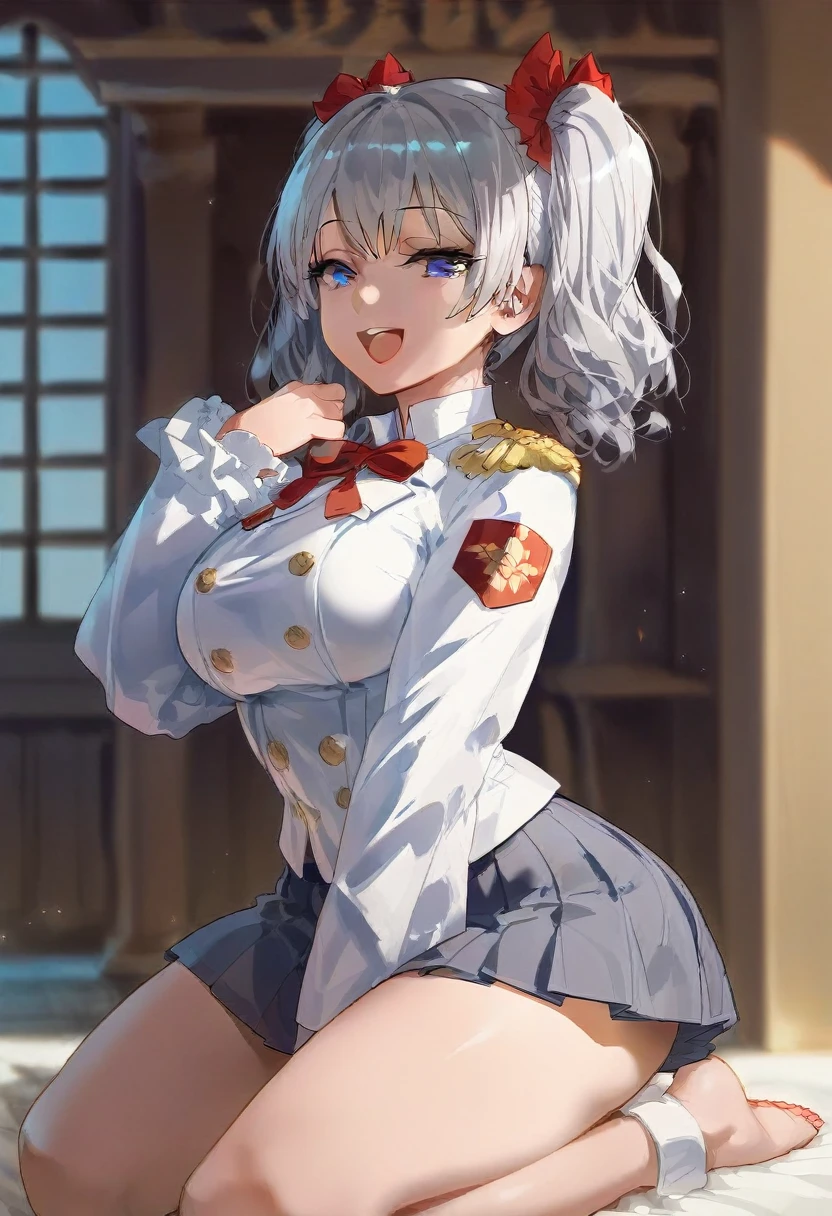  open your mouth ,  big breasts at the temple , blue eyes,btpt-fc, wide hips,smile,, wide hips, open your mouth , wavy hair in front of the station,Alone,Kashima, twin tails,
 silver hair,tsurime, fleet Korekushon , smile,, wide hips, Best Quality,  white jacket ,  military jacket , uniform, gray skirt , pleated skirt, have ,Kneeling, cowboy shot,room, With a neck ribbon,Ruffle sleeves、 from behind