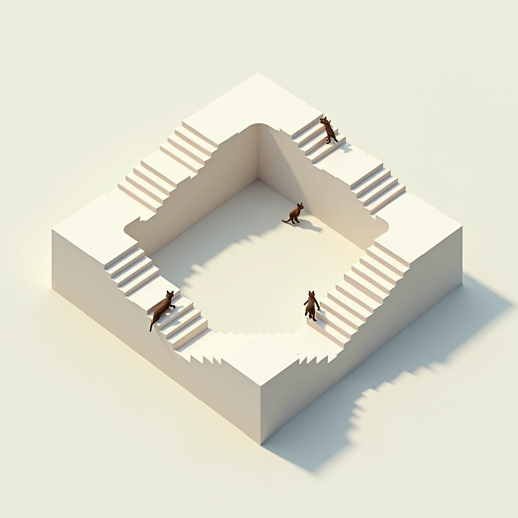 impossible staircase that goes up endlessly, looping itself into a square. isometric view, minimalistic, similar to the style of the game "Monument Valley". three cats are walking on it.