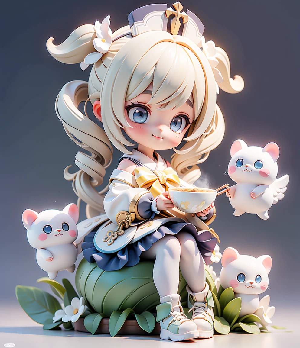   cute smiling girl , Alone,  Fantasy Art Style ,  Gruwitz style art, Latin Cross, blonde, Long white hair,   Double Tail ,  Double Diamond ,  blue eyes,  white dress,  frill skirt,  split sleeve , Dress Fabric, White Pantyhose, Best Quality,masterpiece,   super high image quality  , (masterpiece),Best Quality, Big Tits Girls,  expressive eyes  ,  perfect face, full body,   sitting, Eating ramen with Japanese chopsticks 