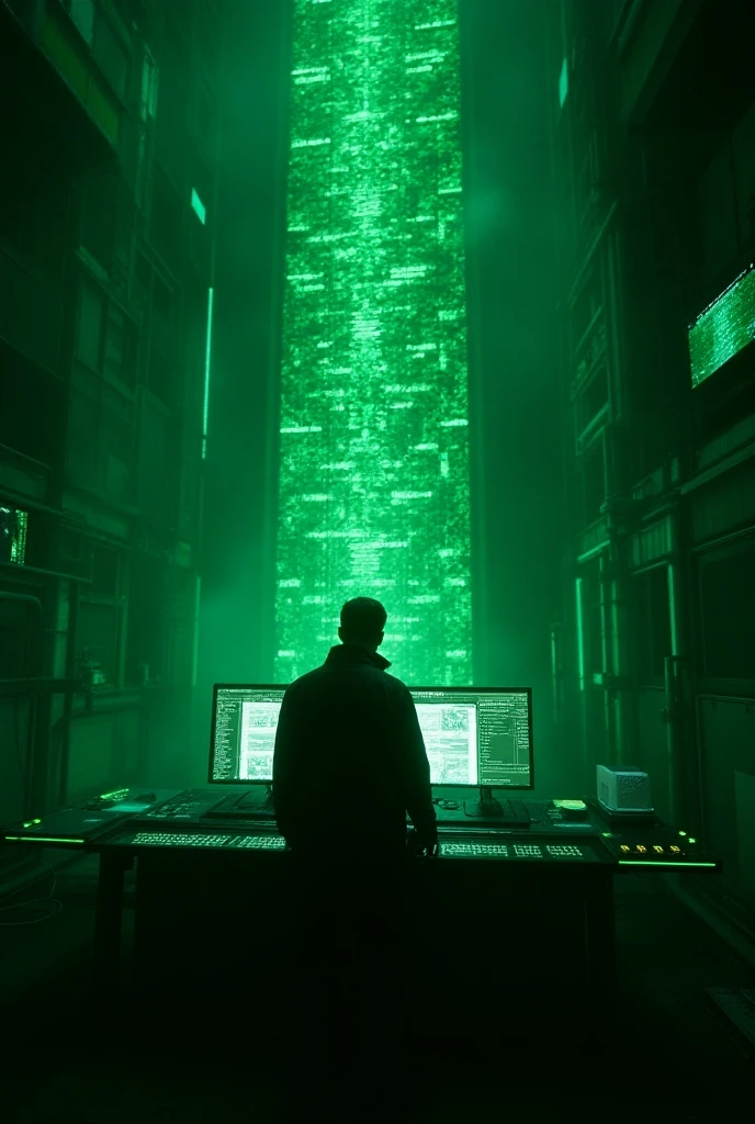 a cyberpunk scene, a computer terminal with glowing green code, neo from the matrix, futuristic technology, moody lighting, dramatic angles, digital art, cinematic, highly detailed