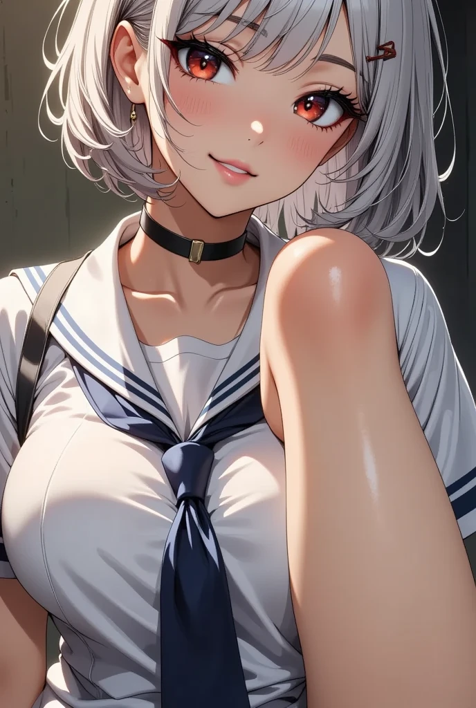 Relatively relaxed background，Short hair that reaches the neck in creamy white，Blue pupils，Two semicircular necklaces with yellow edges and milky breath，Wear the magical school student uniform that combines white and blue，She is a beautiful high school girl anime style, anime style like faay night, clean and meticulous anime style