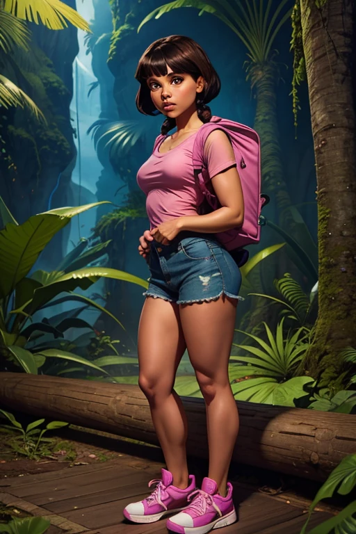 Dora The Explorer, a girl with dark skin, short, straight hair down to her shoulders, dark brown hair, two braids in her hair, tied with colorful bows, dark brown eyes, thin lips, round face, small breasts, wide hips, thick thighs, wearing a short-sleeved shirt, pink shirt, yellow low-cut shorts, on her feet wearing yellow sneakers, purple backpack accessory on her back, Amazon rainforest setting, full body.