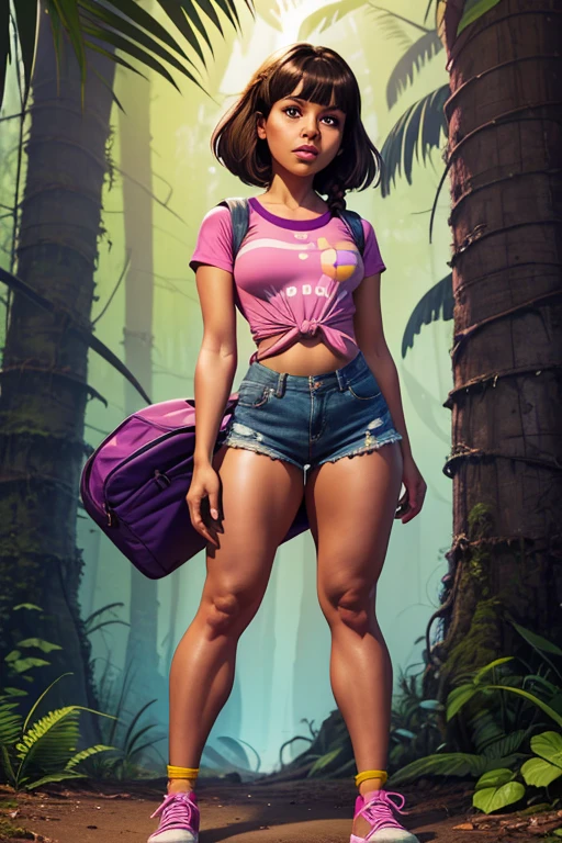 Dora The Explorer, a girl with dark skin, short, straight hair down to her shoulders, dark brown hair, two braids in her hair, tied with colorful bows, dark brown eyes, thin lips, round face, small breasts, wide hips, thick thighs, wearing a short-sleeved shirt, pink shirt, yellow low-cut shorts, on her feet wearing yellow sneakers, purple backpack accessory on her back, Amazon rainforest setting, full body.