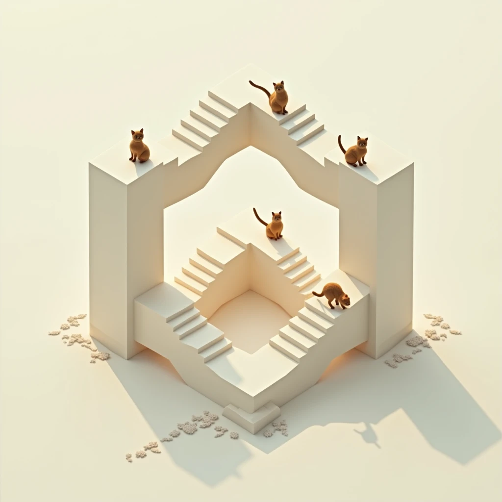 impossible staircase that goes up endlessly, looping itself into a square. isometric view, minimalistic, similar to the style of the game "Monument Valley". three cats are walking on it.