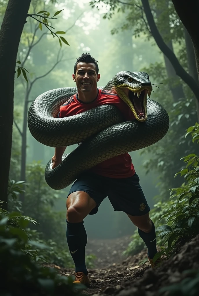 Muscular man with water green snakeskin with details of green arrows on his back pointing downwards,with yellow snake eyes with huge fangs with snake tongue sticking out and smiling