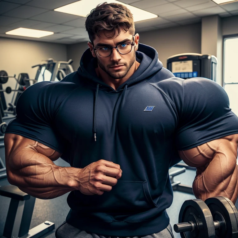 large muscles, bodybuilder, muscular, A very handsome young man, blue shirt and shorts and sunglasses