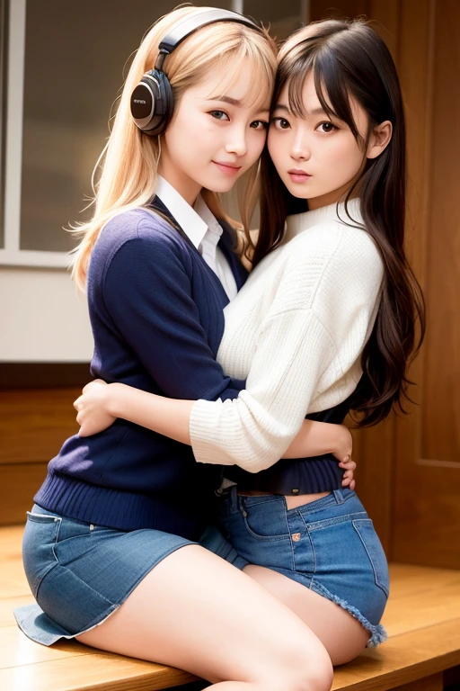 2人の美しい若いwomanが撮影スタジオで抱き合っている写真,  two girls, 2人の美しいwomanの恋, woman holding another woman, beautiful gemini twins  PORTRAIT,  lesbiansの抱擁,  cute girl,  lesbians, 二人のwoman, 2 models ,  PORTRAIT of women embracing, beautiful gemini twins, Girls,  two girls, twin,  hug each other , Two of the same girls, In oneself, twins, Izu, Izu_uniform, Humagear, Humagear_ headset ,  headphones, Realistic, skirt,  jacket, Alone,  sitting, Best Quality, photoRealistic, masterpiece, 8k, high res, Alone, (((woman))), (I&#39;m so excited.), (( is looking)), (looking at the camera:1), ( short hair), Bob Hair, (Professional Lighting, Bokeh), seen from above ,  Extremely Detailed Faces,   stylish and trendy vibe , Japan, street, Tokyo, factory, ((Daytime)), ( PORTRAIT:0.6), seductive and smile, nice, Floating Hair, (Particles of light,  lens flare , Luminous Particles:0.6), ( dynamic pose :1.2),  softwriting , Black Hair, full body, smile, camera,  blue eyes,  Pantyhose, Black Nail