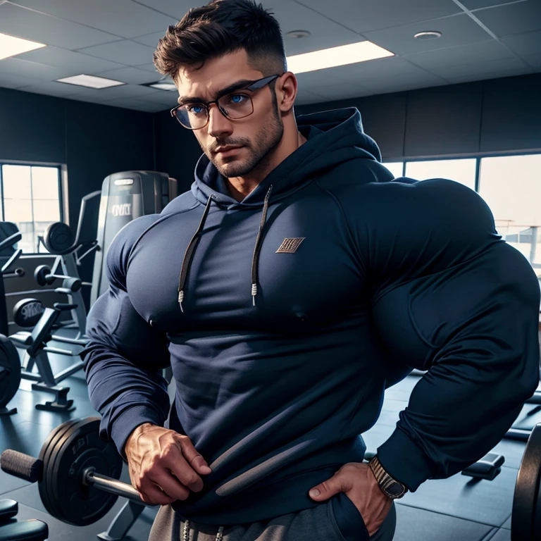 a very handsome man, prescription glasses, wearing a dark blue sweatshirt with long sleeves, exaggeratedly muscular body, exaggeratedly huge muscles, seen from very close up in a gym