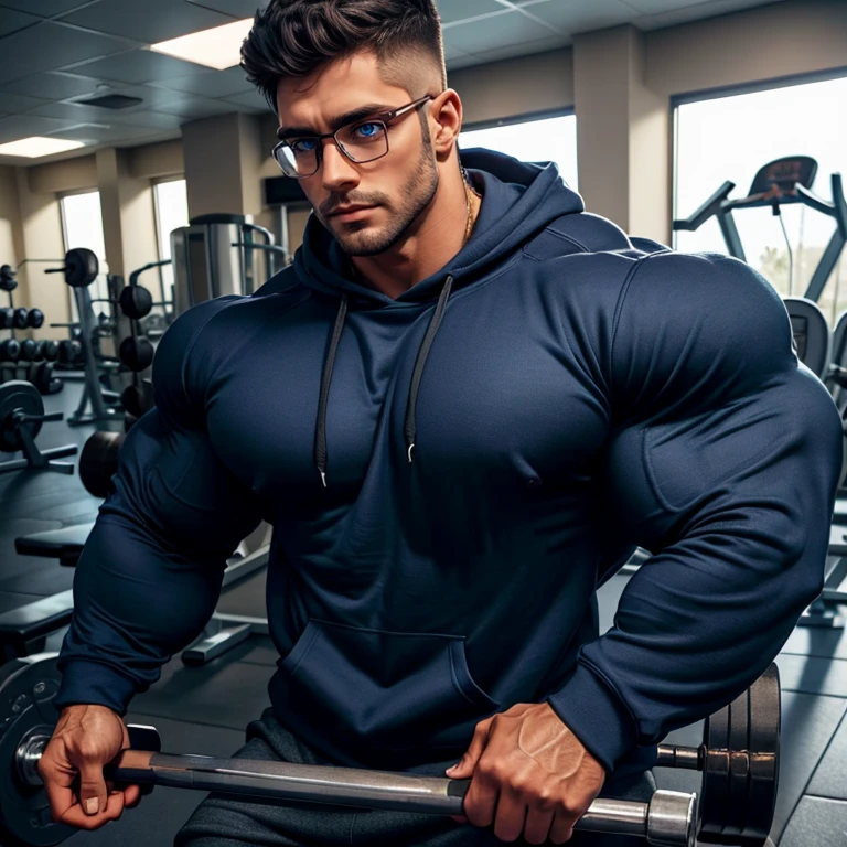a very handsome, robust man, wearing sunglasses, with a Mid fade haircut, massively muscular, with massively large muscles, with massively large and muscular arms, shoulders and biceps, with a massively large body, wearing a black hoodie with zipper, in a gym, seen up close