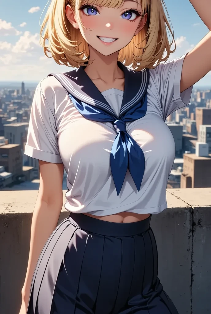 hot girl. Blonde. Fashion. Sunset. Roof. Horny. Sweaty. Sonrojada. Underwear. Jacket. Skirt. City. Mirada sensual. Hot smile. Top underboob. Armpit. Horny girlfriend.