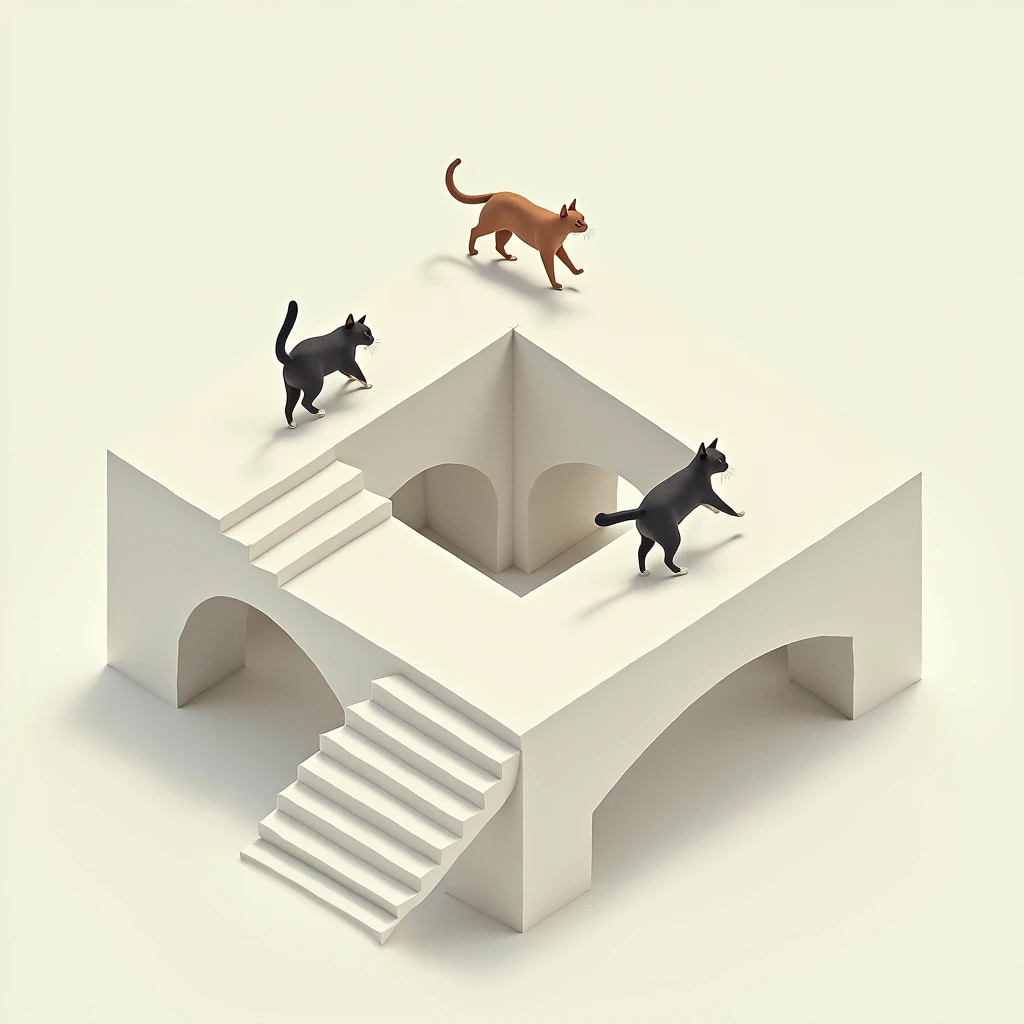 impossible staircase that goes up endlessly, looping itself into a square. isometric view, minimalistic, similar to the style of the game "Monument Valley". three cats are walking on it.