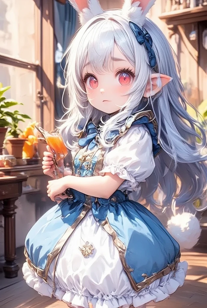  1 girl:2.0,(Chibi,cute, smaller,Blue Hair, very long hair,bangs,(Fluffy white rabbit),Bunny ears,Red eyes,Big Eyes, Beautiful Sparkling Eyes , white skin,Big hair ribbon, Blue Frilled Dress ,fluffy skirt with wire,Chest,Full body image),Fairy tale background,Smiling Face,High quality anime drawings
