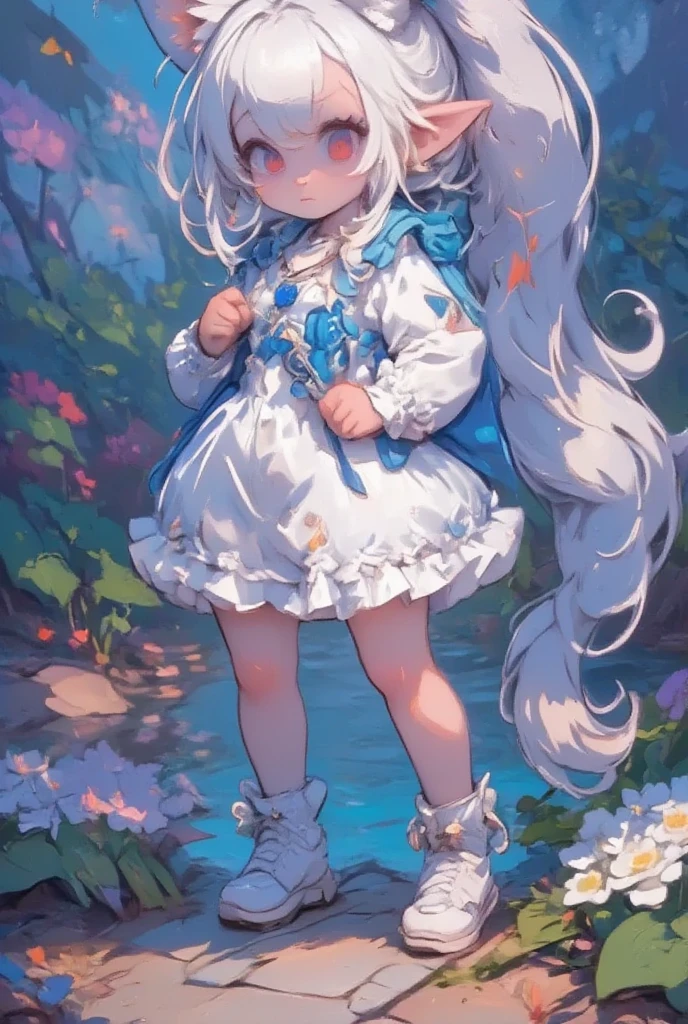  1 girl:2.0,(Chibi,cute, smaller,Blue Hair, very long hair,bangs,(Fluffy white rabbit),Bunny ears,Red eyes,Big Eyes, Beautiful Sparkling Eyes , white skin,Big hair ribbon, Blue Frilled Dress ,fluffy skirt with wire,Chest,Full body image),Fairy tale background,Smiling Face,High quality anime drawings
