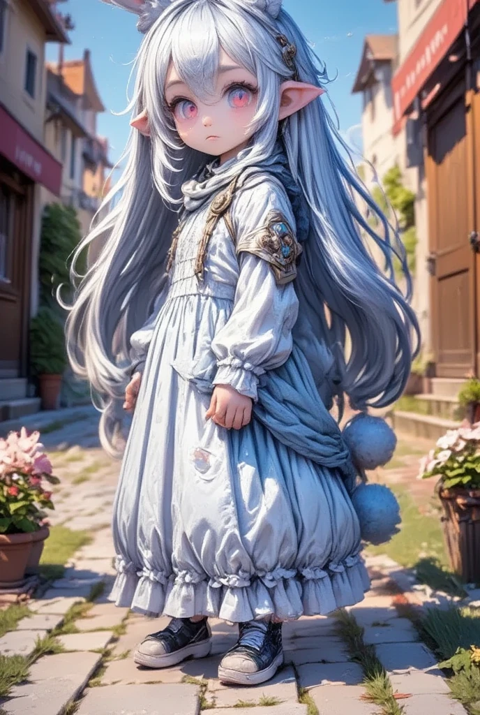  1 girl:2.0,(Chibi,cute, smaller,Blue Hair, very long hair,bangs,(Fluffy white rabbit),Bunny ears,Red eyes,Big Eyes, Beautiful Sparkling Eyes , white skin,Big hair ribbon, Blue Frilled Dress ,fluffy skirt with wire,Chest,Full body image),Fairy tale background,Smiling Face,High quality anime drawings
