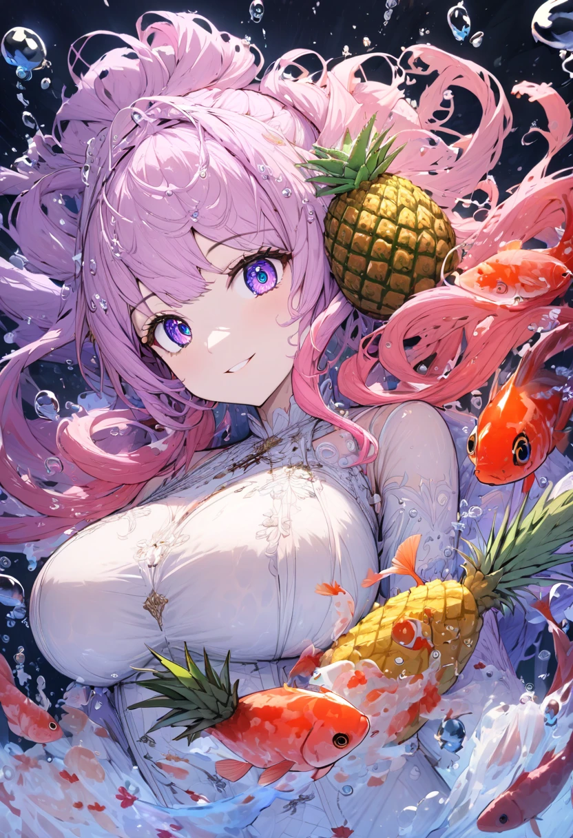 perfect eyes:1.2, detailed eyes:1.4, pineapple, smile, air bubble, (masterpiece:1.6, best quality), phgls, /bottle, in container, (finely detailed beautiful eyes: 1.2), 1girl, solo, Very many goldfish，big breasts, tentacles, purple hair, pink hair, gradient hair, underwater, floating hair