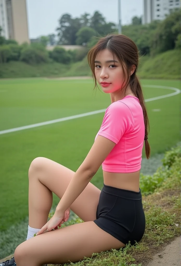 ((Best quality)),((8k)), portrait,1Thai Woman ,Pink Tight Sports T-Shirt , tight sporty black shorts,Sitting on the edge of the field ,PUT ON SNEAKERS, sneakers, football field ,footpath