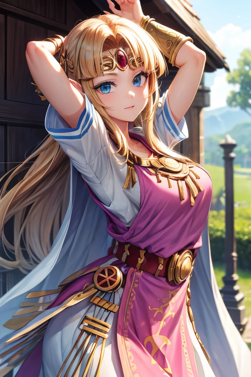 (8k, raw photo, masterpiece, extremely detailed, best quality, professional lighting, high res), BREAK beautiful and adorable girl, zelda-albw, BREAK (armpit, armpit peeking out from the sleeve), BREAK kingdom, outdoor