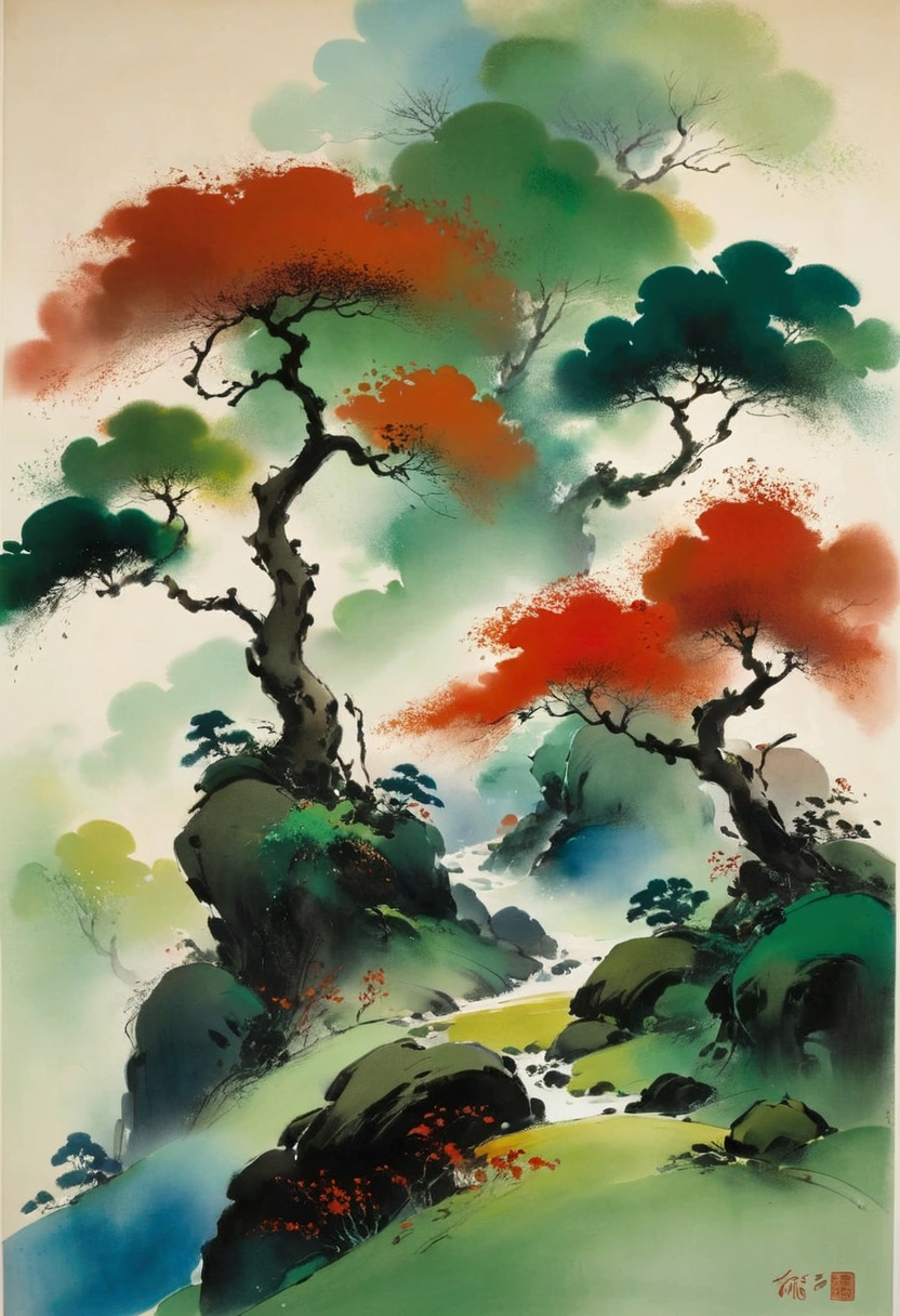 A Masterpiece painting by Tyrus Wong blued greens and red


