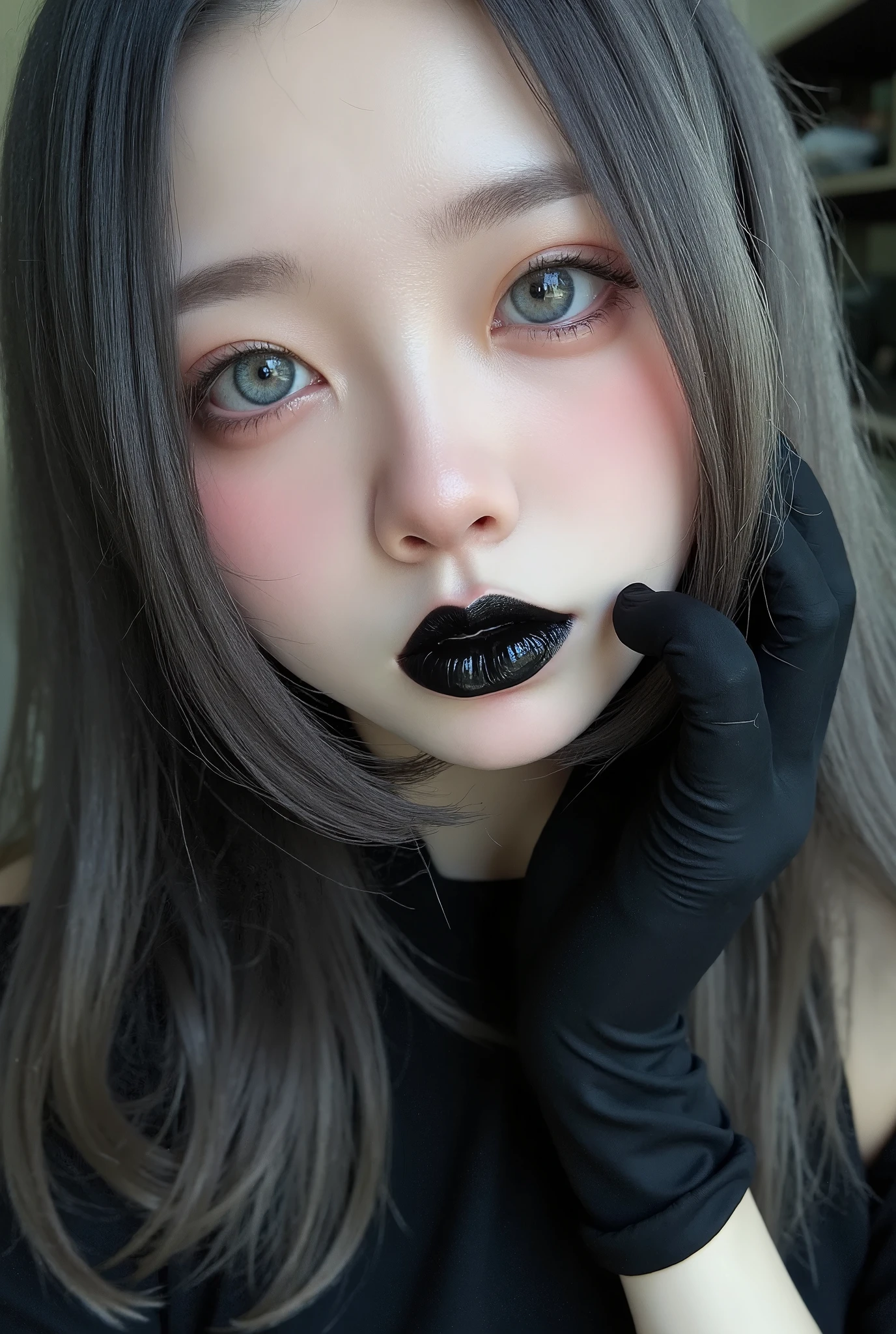 Best Quality、masterpiece、 RAW photos from the last century、 Film Grain、８ｋ、 super high definition、 very cute girl 、Albino Girl、Pale face_eye_lips、Black Lips、Highly detailed eyes and face、Grey Hair:1.37、 elbow gloves :1.48、Pale skin、Light-pigmented eyes、 gothic fashion、 Black Costume 