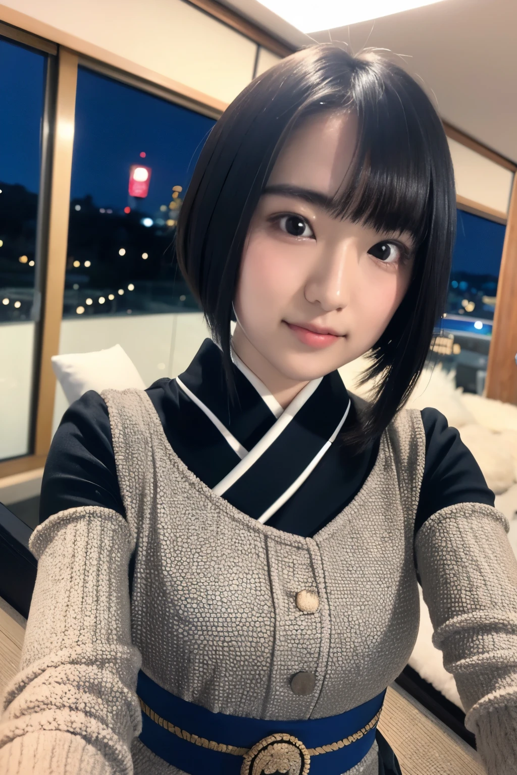 20yo, 8k, RAW portrait of (japanese girl), photo realistic, ultra high res, best quality, real life photo , dramatic, atmospheric, (at night :1.1),
1girl, a very beautiful japanese girl, glamour shot of girl, short hair, textured skin, closed mouth, (smile:0.7), pale skin, bangs,
big beautiful detailed eyes, black hair, beautiful detailed nose, (flat Chest: 0.5), upper body,
a woman posing at a skyline, camisole,
look camera, blurry background,