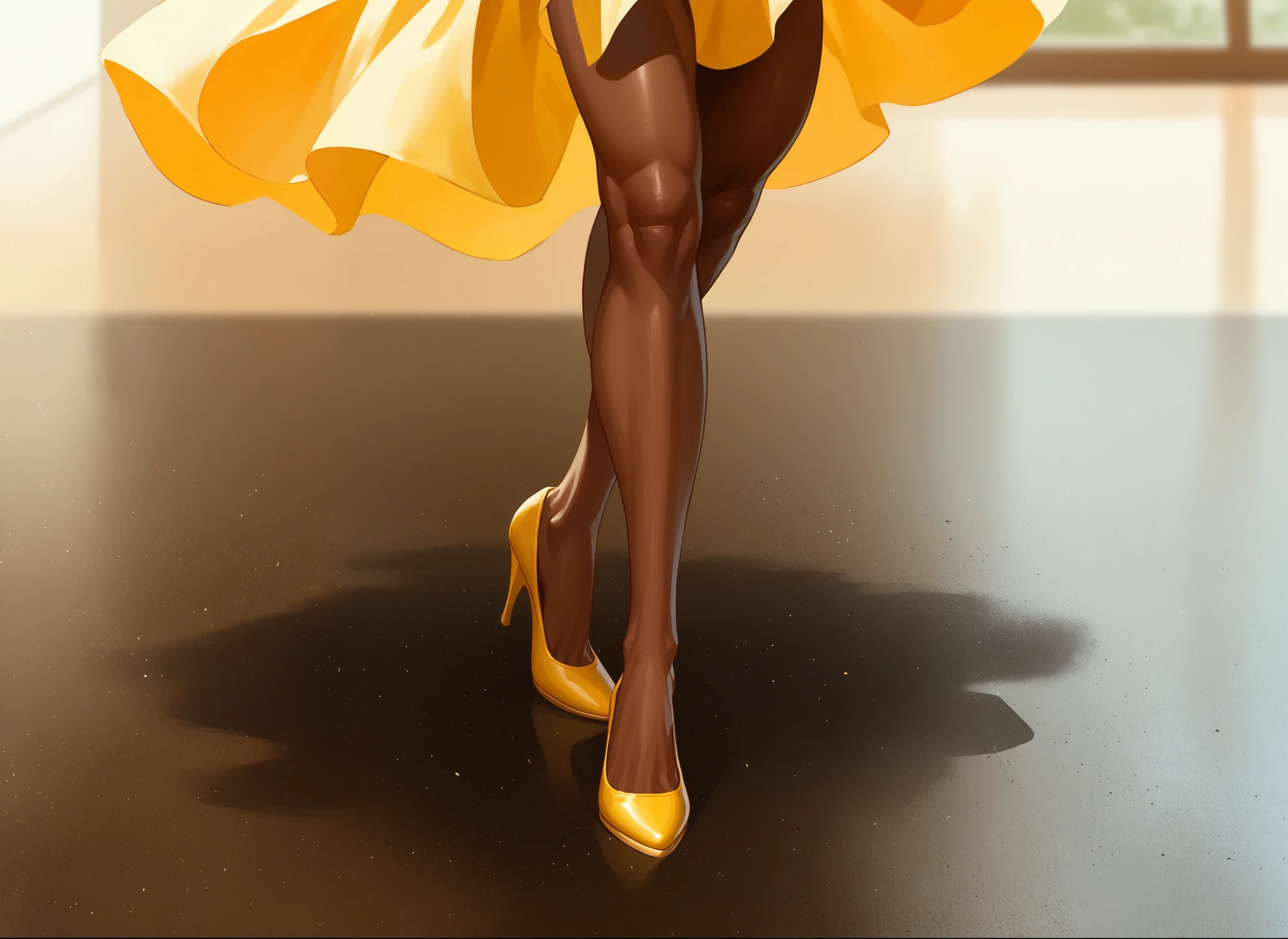 skinny, brown skin,brown hair, brown eyes, zendaya face, yellow dress, no panties, pussy, hands up, upskirt, from below, angry eyes, open mouth, look at camera, in street