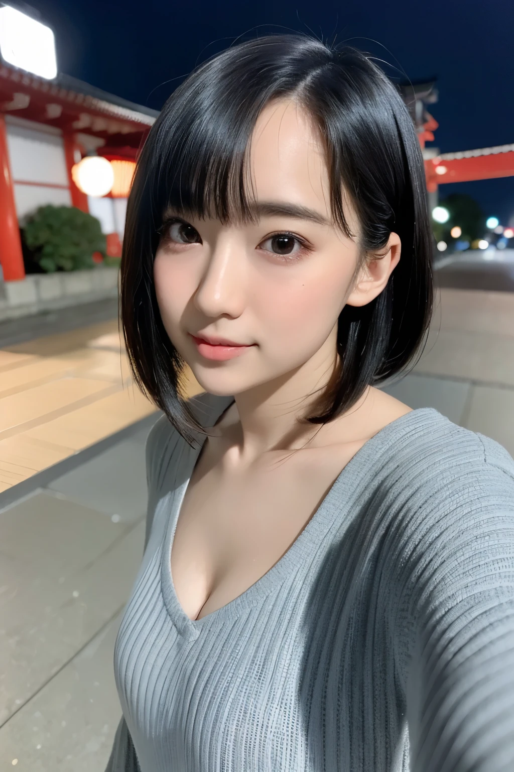 20yo, 8k, RAW portrait of (japanese girl), photo realistic, ultra high res, best quality, real life photo , dramatic, atmospheric, (at night :1.1),
1girl, a very beautiful japanese girl, glamour shot of girl, short hair, textured skin, closed mouth, (smile:0.7), pale skin, bangs,
big beautiful detailed eyes, black hair, beautiful detailed nose, (flat Chest: 0.5), upper body,
a woman posing at a skyline, camisole,
look camera, blurry background,