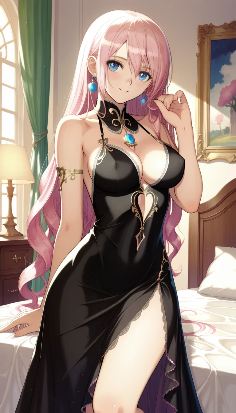 ((masterpiece)),((Beautifully detailed paintings )),T2 ART WORKS/TONY TAKA official art style , vocaloid ,luka megurine ,Big Breasts,Long Pink Hair,Blue Eyes, black dress,bedroom,