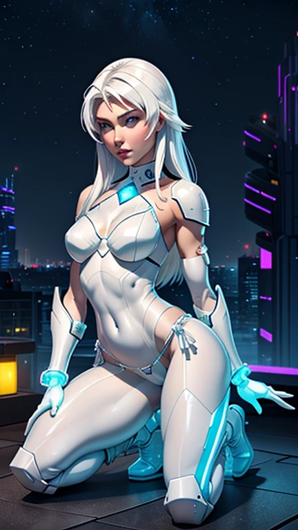 A female Drow Elf your assassin (curvaceous, alluring, stark lighting, vibrant colors) donning her trademark cybergoth attire and weaponry, her slate blue skin contrasting with her neon pink and green accessories as she stands ready to take on any opponent.